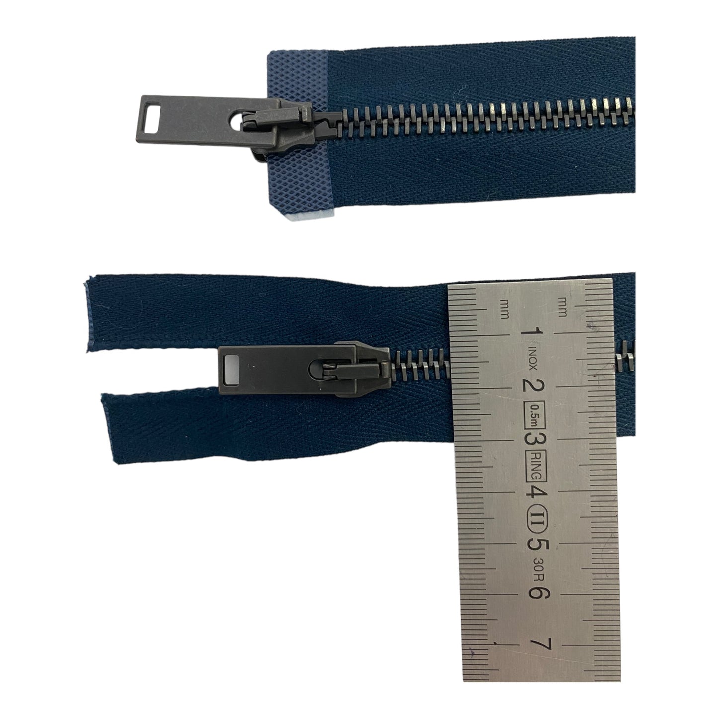 Gun metal M M6 metal zipper, 2 way open end, BLUE, 119 CM