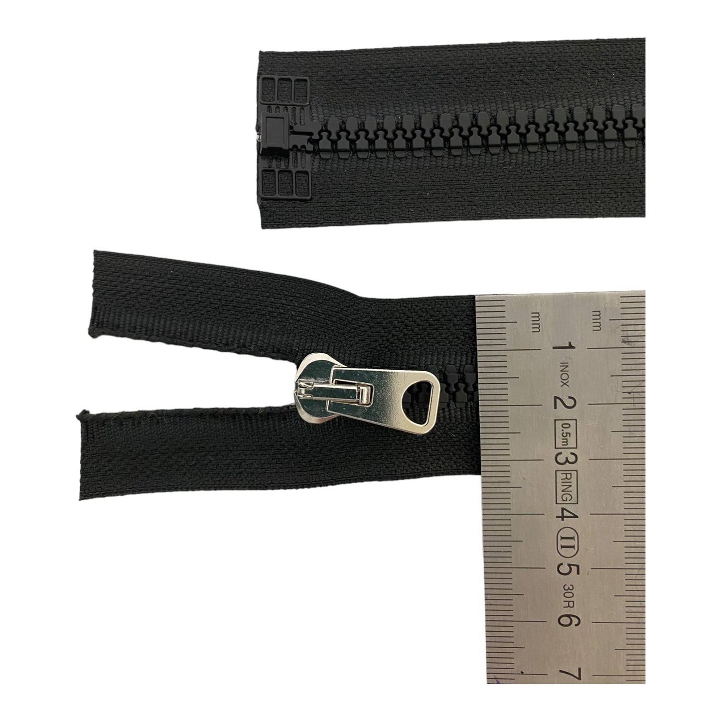 PLASTIC ZIPPER, M, metal puller, open end, BLACK, 70 CM