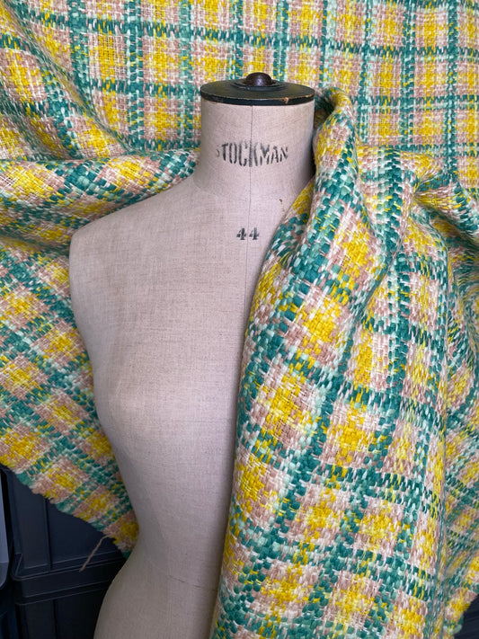 Checked wool for coats, cream/yellow/green W/1014