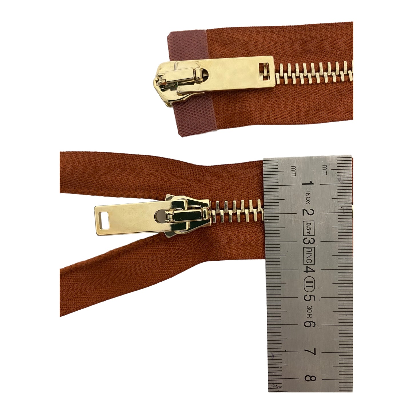 Light gold XL M8 metal zipper, 2 way open end, RUST, 118 CM